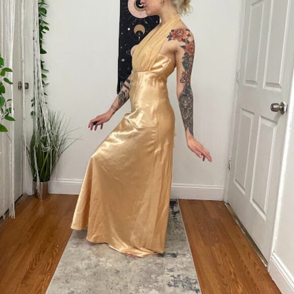 Y2K Vintage Rhinestone Satin Halter Prom Maxi Dress Sleeveless Size M Gold - Picture 6 of 14